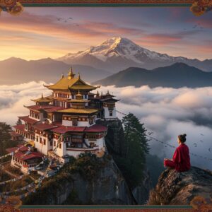 A majestic aerial view of a traditional Sikkimese Buddhist monastery perched on a misty Himalayan cliff, its golden pagoda-style roofs gleaming in the sunrise. Prayer flags in vibrant blues, whites, and reds flutter in the wind, creating ethereal streams of color across the frame. In the foreground, a serene Indian female traveler in modern hiking gear mixed with traditional Sikkimese elements sits in meditation pose on a rock outcrop. The background showcases snow-capped Mount Kanchenjunga bathed in ethereal morning light, with swirling clouds creating mystical patterns. Traditional Thangka art elements frame the scene, featuring intricate mandalas and Buddhist symbols in gold and deep maroon. The monastery's courtyard shows monks in traditional red robes performing ritual ceremonies with butter lamps and incense, creating a soft, golden glow. Digital art style merges photorealistic landscape photography with ethereal fantasy elements, emphasizing dramatic lighting and atmospheric depth. Rich, deep colors of saffron, maroon, and peacock blue dominate, while maintaining the serene, mystical mood through soft pastel highlights and glowing effects.