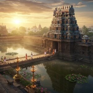 A majestic aerial view of Sree Sundareswara Temple during sunrise, with golden rays illuminating its ornate Dravidian architecture. The main gopuram features intricate sculptures in traditional South Indian style, decorated with vibrant colors of deep maroon, gold, and peacock blue. The temple pond reflects the structure like a mirror, with blooming pink lotus flowers dotting its surface. In the foreground, a detailed stone pathway leads to the temple, lined with traditional brass temple lamps (vilakku) emitting a soft, ethereal glow. The scene includes devotees in traditional attire performing pradakshina around the temple. Mystical streams of light filter through morning mist, creating a divine atmosphere. The background showcases modern buildings seamlessly blending with the ancient architecture, signifying the temple's relevance in contemporary times. The art style combines hyperrealistic digital renders with traditional Tanjore painting elements, featuring metallic gold accents and gem-like colors. The scene is captured with a cinematic wide-angle perspective, emphasizing the temple's grandeur while maintaining intricate architectural details.
