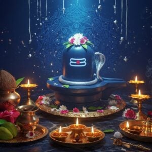 An ethereal scene capturing a sacred Shiva Puja ritual, featuring a luminous Shiva lingam at the center emanating a soft blue aura, adorned with fresh white flowers, bilva leaves, and a silver snake coiled at its base. Crystal-clear water trickles down the lingam, creating ripples in a beautiful brass base plate decorated with intricate Madhubani patterns. Floating diyas with golden flames surround the lingam, their light reflecting off brass vessels filled with sacred items. In the foreground, traditional puja items are artistically arranged - copper kalash with mango leaves and coconut, incense holders releasing wispy smoke trails, and a brass bell with decorative designs. The background features a large, glowing mandala in deep blue and gold, with Sanskrit symbols subtly incorporated. Small streams of milk descend from above, catching the light to create rainbow prisms. The scene is enhanced with modern digital lighting effects, creating a mystical atmosphere with particles of light dancing in the air. The composition combines traditional elements with contemporary aesthetic appeal, rendered in a style merging classical Indian art with modern digital techniques, using a color palette of deep blues, warm golds, and pristine whites.