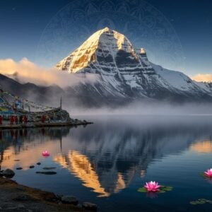 A breathtaking aerial view of Mount Kailash with its distinctive snow-covered peak against a mystical dawn sky in deep indigos and soft golds. In the foreground, Lake Manasarovar reflects the mountain like a perfect mirror, its crystal-clear waters rippling with subtle sacred geometrical patterns. Traditional Tibetan prayer flags in vibrant red, blue, yellow, white, and green flutter across the scene. A group of Indian pilgrims in modern winter gear mixed with traditional clothing walk along a winding path near the lake, their silhouettes creating a sense of scale. The landscape features ethereal mist, with golden light breaking through clouds, creating divine light rays. Sacred lotus flowers float on the lake's surface, emanating a subtle spiritual glow. The scene is rendered in a style merging hyperrealistic photography with traditional Thangka painting elements, incorporating intricate mandala patterns in the sky. The color palette emphasizes deep blues, pristine whites, earthy browns, and spiritual gold accents. The overall composition should convey both the physical grandeur and spiritual significance of the pilgrimage, with photorealistic details in 8K resolution.