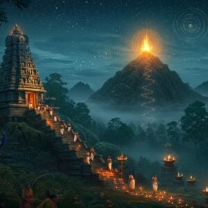 A serene nighttime panoramic view of Sabarimala temple nestled in the Western Ghats, with the mystical Ponnambalamedu peak illuminated by the divine Makaravilakku flame glowing in brilliant golden light. The scene features a group of devoted Ayyappa pilgrims in traditional black attire climbing the sacred 18 steps, their tilaks gleaming. The foreground shows intricate Madhubani-style patterns of forest elements - peacocks, elephants, and tigers in deep blues and golds. The sky features ethereal swirls of stars forming subtle mandala patterns, with soft moonlight casting a mystical glow. Floating diyas and oil lamps create a path of light leading to the peak. The atmosphere is misty with touches of deep forest greens, midnight blues, and golden highlights. The scene combines photorealistic temple architecture with spiritual symbolism, showing both the physical and metaphysical aspects of the pilgrimage. The overall composition radiates divine energy with subtle aura effects and particle lighting.