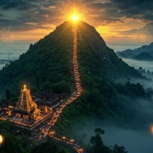A mystical aerial view of Ponnambalamedu hill at dusk, illuminated by the legendary divine light (Makara Jyothi). The hill stands majestic with dense forest coverage in deep emerald greens, while a golden ethereal light emanates from its peak. Traditional Kerala-style oil lamps (nilavilakku) line the foreground, their flames creating a path of light. The sacred Sabarimala temple nestles in the valley below, rendered in intricate Pattachitra style with gold accents. Misty clouds in celestial blues and purples swirl around the hillside, while golden rays pierce through them. Multiple peacock-blue and saffron-colored mandalas float in the sky, creating a supernatural atmosphere. In the middle ground, small silhouettes of devotees in black making their way up the hill. The scene is rendered in a combination of photorealistic and traditional Indian art styles, with emphasis on dramatic lighting and mystical elements. The overall color palette includes deep forest greens, royal blues, golden yellows, and subtle touches of saffron, creating a serene yet powerful spiritual atmosphere.