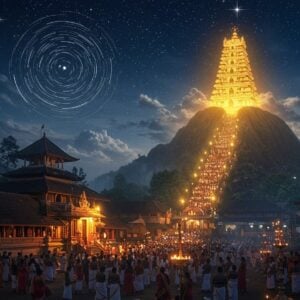 A mystical nighttime scene of Sabarimala temple perched on hills, illuminated by a brilliant golden light emanating from Ponnambalamedu peak. The temple architecture features traditional Kerala style with sloped roofs and intricate wooden carvings. In the foreground, hundreds of Ayyappa devotees in black attire with irumudi on their heads, standing in reverence, their faces lit by the divine glow. The sky features a cosmic arrangement of stars forming a subtle Dharma Chakra pattern. Soft mist curls around the temple base, while ethereal golden rays pierce through clouds, creating a supernatural atmosphere. The scene includes delicate details of oil lamps and camphor flames in the temple courtyard. The lighting should be dramatic with the main focus on the celestial light from Ponnambalamedu, casting long shadows and creating a sense of divine presence. Art style combines photorealistic temple architecture with mystical elements, rendered in rich deep blues of night sky, contrasting with warm golden lights, and highlighted with touches of silver starlight. The overall composition should evoke a sense of spiritual awakening and ancient tradition meeting cosmic phenomenon.