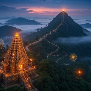 A magnificent aerial view of Ponnambalamedu hill at dusk, illuminated by the sacred Makaravilakku flame glowing brilliantly against the deep blue twilight sky. In the foreground, a detailed rendering of the 18 sacred steps of Sabarimala temple in intricate gold filigree work, adorned with traditional Kerala-style decorative elements. The scene features elaborate Mandala patterns in gold and saffron floating in the air, merging modern digital effects with traditional Keralan art motifs. Mystical light rays pierce through clouds, creating a divine atmosphere. The landscape shows dense forest in rich emerald greens, with small groups of Ayyappa devotees in traditional black attire making their way up winding mountain paths. Soft golden orbs of light float around the scene, while ethereal peacock blue and deep maroon hues dominate the sky. The entire composition is rendered in a style blending hyperrealistic digital art with traditional Pattachitra patterns, featuring intricate details and a surreal, spiritual ambiance. Multiple layers of mountains fade into the misty background, creating depth and mystery.