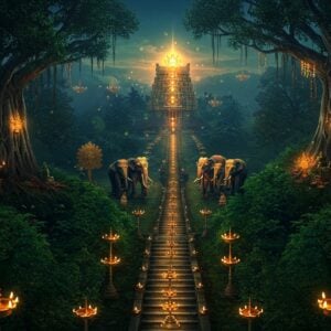 A mystical aerial view of Ponnambalamedu hilltop at dusk, with the sacred Makaravilakku light glowing brilliantly against a deep indigo sky. The foreground features ancient stone steps adorned with traditional Kerala-style brass lamps (nilavilakku) leading upward. Dense evergreen forest in rich emerald tones surrounds the path, with golden light filtering through the canopy. Traditional Madhubani-style peacocks and sacred groves symbols are intricately woven into the forest patterns. Giant, ancient banyan trees with illuminated aerial roots frame the scene, their branches adorned with ceremonial threads and offerings. Mysterious swirls of golden light and floating lotus petals create an ethereal atmosphere. A group of traditional Kerala temple elephants decorated with golden caparisons stand majestically in the middle ground. The color palette combines deep forest greens, burnt orange, gold, and midnight blue. Soft glowing orbs of light scatter throughout the scene, suggesting the presence of divine energy. Art style merges photorealistic landscape photography with traditional Indian art elements, rendered in high-detail digital art with dramatic lighting and atmospheric depth.