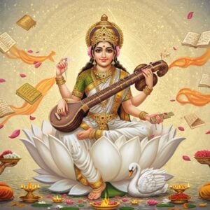 A serene, ethereal depiction of Goddess Saraswati seated on a blooming white lotus in padmasana pose, wearing pristine white silk saree with golden border. She has four arms - her upper right hand holds the veena, upper left holds sacred texts, lower right holds crystal mala beads, and lower left holds a white lotus. Her radiant face exhibits divine calm with a gentle smile, adorned with traditional Indian jewelry and a golden crown. Her vahana, the white swan, gracefully sits beside the lotus. The background features a large, intricate mandala in soft gold and pastel blue, with floating books and musical instruments rendered in a modern minimalist style. Streams of knowledge depicted as flowing ribbons of light in saffron and gold emerge from the sacred texts. The scene is illuminated by a soft, divine glow with falling white lotus petals. Modern Indian students in contemporary attire are shown offering flowers and books at the bottom corners. Art style combines traditional Madhubani patterns in the mandala with modern digital aesthetics, featuring a dreamy, surreal atmosphere with particles of golden light.