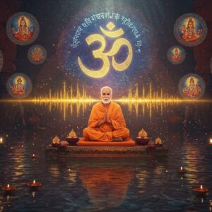 A mystical scene featuring an elderly Indian guru in saffron robes seated in padmasana on a floating lotus platform, emanating golden sound waves that transform into intricate Sanskrit patterns in the air. Behind him, a large, ethereal Aum symbol glows with a deep cosmic blue light. Multiple mandalas of varying sizes float in the background, each containing miniature scenes of ancient rishis performing Vedic rituals. The environment features swirling energy patterns in colors of deep maroon, saffron, and peacock blue, with subtle Madhubani-style geometric patterns. Glowing fireflies and small points of divine light scatter throughout the scene. Crystal-clear water below reflects the entire scene, creating a mirror effect. The lighting is otherworldly, with soft golden rays filtering through from above, highlighting the sacred geometry patterns. In the foreground, brass diyas with floating flames create a warm ambiance. The art style combines hyperrealistic digital rendering with traditional Pattachitra patterns, creating a seamless blend of ancient and modern aesthetics. The atmosphere suggests deep spiritual wisdom and timeless knowledge.