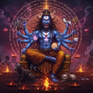 A majestic, cosmic visualization of Lord Bhairava in his eight-armed form, seated in padmasana on a golden throne adorned with skulls. His main right hand holds the damaru (drum), second right hand holds trishula (trident), third right hand holds sword, fourth right hand in abhaya mudra. His main left hand holds kapala (skull cup), second left hand holds naga (serpent), third left hand holds khatvanga (skull staff), fourth left hand holds noose. He has a fierce yet serene expression, third eye prominently visible, with a crescent moon in his matted hair. His body radiates an intense blue aura, surrounded by swirling cosmic energies in deep purples and indigos. In the background, intricate Sanskrit mantras transform into streams of golden light, creating a mandala pattern. The scene is set in a mystical dimension with floating lotus flowers, burning ritual fires, and ethereal smoke in shades of deep maroon and saffron. Traditional Tantric geometric patterns and yantra designs float in the space around him. His faithful companion, the dog, sits alertly at his feet. The overall composition combines hyperrealistic digital art with traditional Indian iconography, creating a powerful, mesmerizing atmosphere that captures both the fierce and protective aspects of Bhairava.