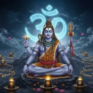 A majestic Lord Shiva in deep meditation, seated in Padmasana on a silver-moonlit Kailash peak. His four arms hold a trishul (right upper), damru (left upper), while lower hands rest in dhyana mudra. His serene face shows third eye, crescent moon adorns matted hair with Ganga flowing. Sacred rudraksha beads and cobra around his neck. Body smeared with vibhuti, tiger skin wrapped around waist. Behind him, a massive translucent blue Om symbol glows ethereally, emanating cosmic energy waves. Surrounding him are intricate floating mandalas in gold and silver, with Sanskrit mantras transformed into flowing light streams. The scene features a mystical atmosphere with swirling cosmic smoke, floating lotus flowers, and subtle hints of supernatural elements. The lighting combines cool moonlight with warm spiritual glow. The art style merges traditional Indian Thanjavur painting techniques with modern digital art, using deep blues, silver, gold, and saffron colors. Multiple small lingams float in a spiral pattern around Shiva, each emanating a different colored aura. The overall composition suggests deep spirituality, power, and divine consciousness.