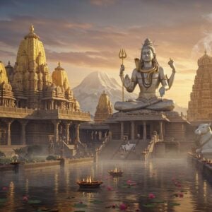 A majestic Lord Shiva temple complex emerging from morning mist, with intricate Dravidian architecture in golden-white marble. Lord Shiva's iconic 12-foot tall bronze statue in the center, seated in Padmasana, four arms holding damaru in upper right, trishul in upper left, lower right in abhaya mudra, and lower left holding kamandalu. The statue emanates a soft blue aura. Sacred Mount Kailash appears ethereally in the background. Multiple levels of temple towers decorated with detailed stone carvings of the 108 tandava poses. Flowing water channels represent the Ganges. Serpents coiled around temple pillars. Glowing diyas and floating lotus flowers in the foreground water body. The scene illuminated by both early morning sunlight and divine light emanating from the temple sanctum. Nandi statue in pure white marble guards the entrance. The artwork combines hyperrealistic digital rendering with traditional Hoysala temple architectural details. Rich colors of sunrise - deep oranges, celestial blues, and gold dominate the scene. Smoke from burning incense creates mystical patterns in the air.