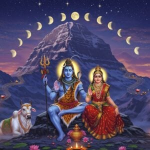 A magnificent scene depicting Lord Shiva and Parvati seated in meditation on Mount Kailash during twilight. Shiva, with blue-hued skin, has four arms holding trishul, damaru, and showing abhaya mudra, wearing serpents, crescent moon, and tiger skin. Parvati in a red and gold silk saree sits beside him. The backdrop shows a cosmic calendar with 12 crescents moons forming a circle, each glowing in different phases. The mountain peak is bathed in ethereal purple-blue twilight colors. Sacred Nandi bull rests nearby. Floating diyas and lotus flowers create a border. Intricate Madhubani-style patterns in gold adorn the scene. Soft mist with sparkling stars creates depth. The lighting combines warm golden hues from the diyas with cool twilight blues. Modern digital art style with traditional Indian art elements, featuring detailed textures, subtle gradients, and a dreamy, spiritual atmosphere. Celestial energy streams flow in spiraling patterns around the divine couple.