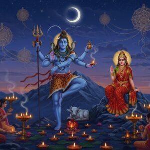 A serene nighttime scene showing Lord Shiva in his cosmic dance pose against a mystical twilight sky with a crescent moon. The 8-armed Shiva is depicted in a modern, ethereal art style, adorned with serpents, tiger skin, and rudraksha beads, holding his traditional weapons - trishul, damru, and other divine objects. His deep blue form emanates a soft, divine glow. Parvati sits gracefully beside him on Mount Kailash, wearing a rich red and gold saree. The background features intricate Madhubani-style mandalas floating in the sky, with golden light streams connecting them. The foreground shows devoted worshippers performing aarti with brass lamps, their faces illuminated by the warm glow. Floating diyas and lotus flowers create a path leading to the divine couple. The scene incorporates subtle elements like sacred ash, bilva leaves, and incense smoke swirling in patterns. The color palette combines deep blues and purples of dusk with accents of gold, saffron, and silvery moonlight. The overall composition should blend traditional iconography with contemporary digital art techniques, creating a harmonious balance between ancient spirituality and modern aesthetics.