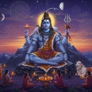 A majestic Lord Shiva in deep meditation, seated in Padmasana on a silver-moonlit Mount Kailash, during the mystical twilight hour. His four arms holding trishul, damaru, rudraksha mala, and abhaya mudra. His form emanates a divine blue aura, with complex Madhubani-style patterns flowing within. The background shows a cosmic scene with the sun setting and moon rising simultaneously, creating a magical purple-golden twilight sky. Intricate mandala patterns in gold and silver float in the atmosphere. Sacred river Ganga flows from his matted locks. Multiple devotees in contemporary Indian attire performing aarti with golden lamps at the mountain's base, their forms creating subtle silhouettes. Nandi sits vigilantly nearby. The scene features floating lotuses, bilwa leaves, and rudraksha beads with ethereal glow. Incorporates modern digital art techniques with traditional Pattachitra elements, using a color palette of deep indigo, twilight purple, burnished gold, and cosmic blue. The entire composition has a dreamy, surreal quality with soft particle effects and gentle light rays.