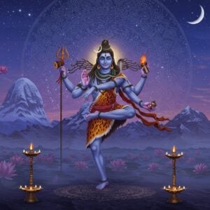 A serene nighttime scene featuring Lord Shiva in his cosmic dance pose with 4 hands against a deep blue-purple twilight sky, adorned with stars and a crescent moon. His upper right hand holds the damaru, upper left hand carries agni, lower right hand in abhaya mudra, and lower left hand pointing to raised foot. He wears a tiger skin dhoti, sacred thread, and cobra around his neck. Behind him, a large, intricate mandala in gold and silver patterns radiates divine light. The background features the sacred Mount Kailash with its snow-capped peaks rendered in a dreamy, ethereal style. Multiple floating lotuses in deep purple and white emerge from a mystical mist. Soft light emanates from oil lamps placed around the scene. The art style combines traditional Thanjavur painting techniques with modern digital art, featuring rich metallic colors and subtle gradients. The composition includes delicate Sanskrit-inspired patterns floating in the air, rendered as golden light particles. The overall atmosphere is mystical and meditative, with a subtle glow of sandalwood-colored light illuminating the entire scene.