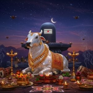 A majestic silver-white Nandi bull seated regally in a meditative pose under a cosmic twilight sky with deep purples and blues, illuminated by a ethereal crescent moon. Lord Shiva's sacred mount adorned with intricate golden ornaments, bells, and a decorated cloth featuring traditional Madhubani patterns. Behind Nandi, a massive ornate silver-white Shiva lingam emanates a soft blue aura, surrounded by floating diyas with golden flames. The scene includes detailed elements of Pradosha worship - copper vessels of holy water, burning incense releasing spiral smoke patterns, fresh white jasmine garlands, and vibrating damaru drums. The foreground features an elaborate kolam pattern made of glowing dots and lines. The entire composition is framed by intricately detailed mandala patterns in gold and silver, with floating lotus flowers and bilva leaves. The art style combines hyperrealistic texturing with traditional Indian artistic elements, rendered in a modern digital aesthetic with dramatic lighting and depth.