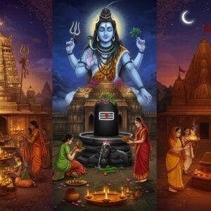 A mesmerizing triptych-style composition showing three distinct regional Pradosha celebrations across India, unified by a large, ethereal form of Lord Shiva in his iconic four-armed form holding trishul, damaru, blessing mudra, and abhaya mudra in the background, emanating a soft blue aura. On the left panel, a South Indian temple courtyard with devotees in traditional Kanjeevaram sarees and dhotis performing deepa aradhana with brass lamps around a sphatika lingam. In the center panel, a North Indian scene showing devotees offering bael leaves and milk abhishekam to a black stone Shiva lingam, with intricate Nagara-style temple architecture behind. The right panel depicts an Eastern Indian celebration with Bengali families in traditional attire performing sandhya aarti near the Ganges, with terracotta temples in background. The entire scene is illuminated by the twilight sky in deep purples and indigos, with a crescent moon prominently displayed. Ornate mandala patterns in gold connect all three panels, while scattered lotus petals and subtle smoke from incense create depth. The art style combines traditional Madhubani patterns in the borders with modern digital painting techniques, using rich colors like deep blue, saffron, maroon, and gold.