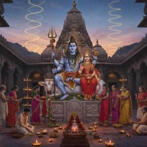 A magnificent Indian temple courtyard at dusk, illuminated by traditional brass oil lamps and moonlight, with Lord Shiva (in his classic four-armed form) and Parvati seated in divine meditation on a silver-adorned Nandi. Shiva holds trishul in upper right hand, damaru in upper left, lotus in lower right, and blessing gesture in lower left. Multiple groups of devotees in regional attires (Rajasthani, South Indian, Bengali, Maharashtrian) performing distinct Pradosha rituals - some offering bilva leaves, others lighting diyas, some performing abhishekam. The temple architecture combines styles from different regions - Southern gopuram, Northern nagara shikhara, and Eastern deul. Intricate Madhubani-style patterns adorn the temple walls in gold and deep indigo. The scene is bathed in ethereal blue-purple twilight glow with floating golden mandalas and vibrant energy spirals. Sacred smoke from multiple homa kundas creates a mystical atmosphere. Detailed marble carvings of various Pradosha stories on temple pillars. Hyperrealistic digital art style with magical realism, emphasizing the divine twilight atmosphere.