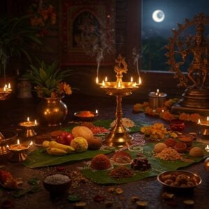 A serene evening kitchen scene with a traditional South Indian brass oil lamp (vilakku) emanating a golden glow in the center, surrounded by authentic bronze and silver vessels arranged in a mandala pattern. A decorative banana leaf holds traditional Pradosha offerings including fresh fruits, modakam, sundal, and sesame ladoos arranged in intricate Kolam patterns. Smoke from burning camphor creates mystical swirls in the air, illuminated by moonlight streaming through a traditional South Indian window. In the background, a partially visible Nataraja idol in bronze catches the lamp's reflection. The scene features rich colors of deep maroon, burnished gold, and forest green, with detailed Madhubani-style border patterns featuring coconut trees and temple motifs. The lighting is warm and ethereal, with small oil lamps creating multiple points of golden light. Hyperrealistic digital art style with careful attention to metallic textures and food details, maintaining both traditional authenticity and modern aesthetic appeal.