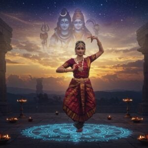 A mesmerizing scene of an Indian classical dancer in Bharatanatyam pose, performing under a cosmic twilight sky during Pradosha time, with Lord Shiva and Parvati's divine silhouettes ethereally visible in the background clouds. The dancer wears a traditional temple silk costume in deep maroon and gold, adorned with authentic temple jewelry, performing the Tandava mudra. The foreground features intricate Kolam patterns glowing with mystical blue light. The scene is set in a ancient temple courtyard with carved pillars, where floating diyas create a divine atmosphere. Sacred symbols like trishul, damru, and crescent moon are subtly woven into the swirling cosmic patterns in the sky. The lighting captures the specific Pradosha twilight - a blend of deep indigo, purple, and gold hues. The art style combines traditional Thanjavur painting elements with modern digital aesthetics, featuring rich colors, intricate details, and a surreal, spiritual atmosphere. Multiple exposure effect shows the dancer's movements in fluid motion, symbolizing the rhythm of cosmic dance.