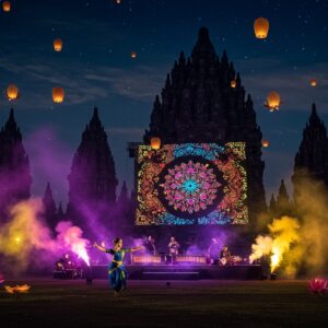 A mesmerizing nighttime scene at the ancient Prambanan Temple complex, illuminated by warm golden spotlights and floating paper lanterns. A modern stage seamlessly integrated into the temple architecture, with ornate Indian and Javanese patterns projected in vibrant neon colors. In the foreground, a fusion performance featuring an Indian classical dancer in a traditional Bharatanatyam pose wearing a silk saree in deep peacock blue and gold, performing alongside a Javanese gamelan musician. Ethereal wisps of colorful smoke in purple and gold swirl around them. The background shows the iconic triple spires of Prambanan Temple silhouetted against a deep indigo sky filled with stars. Traditional Indonesian batik patterns merge with Indian mandala designs in glowing light projections across the temple walls. Floating lotus flowers with soft blue aura surround the scene. The lighting creates a magical atmosphere with spots of golden light, purple stage lights, and the natural moonlight casting dramatic shadows. Art style combines hyperrealistic architectural details with ethereal, dreamlike elements, executed in rich, deep colors with metallic gold accents. The scene captures both traditional heritage and modern festival energy.