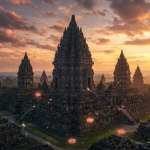 A majestic aerial view of Prambanan Temple complex during golden hour, with the main 47-meter tall Shiva temple in sharp focus, its ornate spires reaching towards a dramatic sky filled with ethereal pink and orange clouds. The surrounding eight main temples and 250 smaller shrines are arranged in a precise concentric mandala pattern, with intricate Madhubani-style patterns overlaying the scene. The foreground features detailed stone carvings of the Ramayana epic in gold and deep maroon hues, while floating lotus flowers and mystical light particles surround the structures. The temple's authentic Indonesian-Hindu architectural elements are highlighted with glowing peacock blue and saffron accents. Divine light rays pierce through clouds, illuminating the ancient stone structures. The scene is rendered in a harmonious blend of photorealistic architecture and ethereal digital art style, with subtle Pattachitra-inspired decorative elements adorning the temples' surfaces. The lighting emphasizes the three-dimensional relief sculptures and creates dramatic shadows across the temple complex.