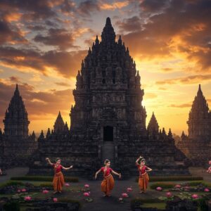 A majestic aerial view of Prambanan Temple complex during golden hour, with its towering 47-meter central spire dedicated to Shiva rising dramatically against a mystical sky filled with warm orange and deep purple clouds. The temple's intricate carved reliefs and architectural details are enhanced by divine light streaming through the clouds. In the foreground, three graceful Indian classical dancers in traditional Indonesian-Hindu costumes perform the Ramayana ballet, their poses frozen in elegant motion. The scene is surrounded by blooming frangipani trees and floating lotus flowers. Multiple smaller temples create a symmetrical geometric pattern around the main structure. The lighting captures the ancient stone's texture while highlighting the ornate carvings of deities and mythological scenes. Artistic style combines hyperrealistic architectural details with ethereal lighting and magical atmosphere, incorporating both Javanese and Indian Hindu artistic elements. The scene includes subtle stone guardians at the corners and intricate mandala patterns in the sky, creating a sense of timeless spirituality and cultural fusion.