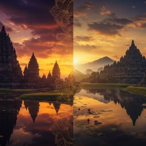 A grand split-screen composition showcasing two majestic temples at sunrise, divided by an ornate golden mandala pattern. On the left, Prambanan's soaring Hindu temple with its iconic pointed spires reaching towards a dramatic orange-purple sky, intricate carvings of Ramayana scenes visible on its walls, surrounded by smaller temples in perfect symmetry. On the right, Borobudur's massive Buddhist stupa structure with its distinctive bell-shaped stupas and Buddha statues, embraced by misty mountains and lush tropical forests. The foreground features reflecting pools mirroring both temples, with lotus flowers floating on the water's surface. Ethereal golden light streams through clouds, creating a mystical atmosphere. The scene incorporates traditional Javanese batik patterns in the sky and water, rendered in deep indigo and gold. The overall style combines hyperrealistic architectural details with dreamlike lighting and mystical elements, creating a serene yet dramatic composition. The image should have rich, deep colors of dawn - maroon, deep blue, gold, and saffron, with subtle spiritual symbols like mandalas and sacred geometry integrated into the natural elements.