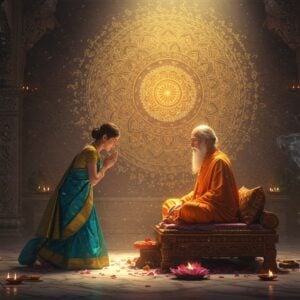 A serene scene showing a young Indian woman in a graceful silk saree (peacock blue and gold) performing pranama (deep bow with folded hands) before an elderly sage seated in padmasana on a carved wooden platform. The sage, with flowing white beard and traditional saffron robes, radiates a soft golden aura. Behind them, a large ornate mandala in Madhubani style glows with intricate patterns in gold, maroon, and saffron. The foreground features a marble floor with scattered fresh lotus petals and lit brass diyas. Ethereal rays of morning sunlight filter through decorative temple pillars, creating a mystical atmosphere. Small trails of incense smoke curl upwards, adding depth. The scene is framed by traditional Indian architectural elements with detailed peacock motifs and flowing vines. Art style merges hyperrealistic digital rendering with traditional Pattachitra patterns, emphasizing both spiritual devotion and cultural heritage. The lighting is warm and divine, with soft focus on the central interaction.