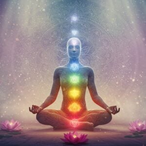 A serene Indian yogi in lotus position floating in ethereal space, their body semi-transparent and radiating golden light. Multiple chakra points illuminate along their spine in vibrant colors (violet, indigo, blue, green, yellow, orange, red). Swirling energy patterns of breath visualized as luminous white and blue streams flow through their nostrils, forming intricate Madhubani-style patterns in the air. A large, detailed mandala hovers behind them, shifting from deep indigo at its edges to brilliant gold at its center. The background features layers of translucent sacred geometry patterns in soft pastel hues. Floating lotus flowers emit soft light, while subtle particles of light dance around the figure. The yogi wears contemporary meditation clothes in soft earth tones, with delicate golden patterns. Their face shows deep peace with a subtle smile, eyes closed in meditation. The overall scene has a dreamy, surreal quality with a modern digital art finish, while incorporating traditional Indian artistic elements. Atmospheric lighting creates a misty, ethereal effect with rays of light piercing through.