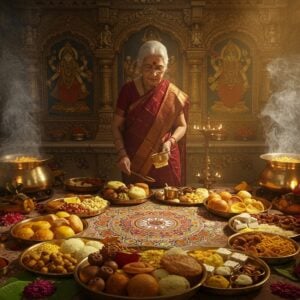 A traditional Indian temple kitchen bathed in ethereal golden light, where an elderly priestess in a maroon silk saree prepares prasada on brass plates decorated with intricate mandala patterns. The central focus shows a magnificent spread of prasada items - including fresh fruits, sweets, and traditional offerings arranged in a circular pattern resembling a lotus mandala. Steam rises mystically from freshly cooked kheer in silver vessels, catching the warm light streaming through ornate temple windows. The scene includes floating particles of turmeric and saffron in the air, creating a magical atmosphere. In the background, beautifully carved temple walls feature Madhubani-style paintings of deities receiving offerings. The foreground shows brass lamps with glowing flames, fresh flower petals scattered around, and banana leaves arranged in traditional serving style. The color palette focuses on deep maroons, rich golds, warm saffrons, and peaceful teals, with hints of sandalwood smoke creating a dreamy haze. The lighting is warm and directional, emphasizing the sacred nature of the food. Artistic style combines hyperrealistic food photography with traditional Indian art elements, creating a modern yet spiritual aesthetic. Ultra detailed, volumetric lighting, cinematic composition.