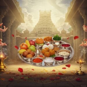A serene Indian temple courtyard with rays of golden morning sunlight streaming through ornate pillars, where a beautifully adorned silver thali (traditional plate) floats in mid-air, emanating a soft divine glow. The thali contains various traditional prasada items - fresh fruits, sweet ladoos, vibhuti, kumkum, and sacred tulsi leaves, each item detailed with photorealistic textures. Around the floating thali, intricate Madhubani-style mandala patterns swirl in shimmering gold and deep peacock blue. In the background, a grand temple architecture merges with ethereal clouds, featuring traditional South Indian gopuram details. Multiple translucent hands in mudra positions, reminiscent of divine blessings, reach toward the prasada from different directions. The scene is enhanced with delicate flower petals and subtle smoke from ceremonial incense, creating a mystical atmosphere. The color palette focuses on rich maroons, saffron, gold, and turquoise, with soft glowing highlights. Hyper-detailed digital art with both photorealistic and traditional Indian art elements, magical realism style.