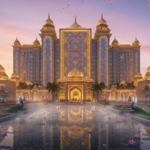 A grand, modern architectural marvel emerging from a misty sunrise, featuring a stunning fusion of contemporary and traditional Indian design elements. The building facade showcases intricate geometric patterns inspired by Kolam art, with golden light reflecting off its glass surfaces. In the foreground, a serene water body with floating lotus flowers creates perfect reflections. The structure incorporates towering spires reminiscent of temple architecture, adorned with modern LED lighting in warm gold and soft blue hues. Massive, ornate entrance gates feature contemporary interpretations of traditional Indian motifs, with flowing water curtains. The landscaping includes manicured gardens with peacocks and traditional sculptures seamlessly integrated into modern spaces. The scene is captured from a slightly elevated angle, showing the scale and grandeur of the development against a backdrop of a gradient sky in pastel pinks and purples. Floating mandalas and subtle sacred geometry patterns appear as translucent overlays in the atmosphere. The lighting is dramatic yet ethereal, with sun rays filtering through morning mist, creating a mystical atmosphere. Style should combine hyperrealistic architectural visualization with magical realism, maintaining high attention to detail and photographic quality.