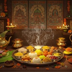A richly detailed Indian kitchen scene with traditional brass and copper utensils arranged on carved wooden shelves, illuminated by warm golden light. In the center, an ornate silver thali filled with diverse prasada offerings - including modak, ladoo, panjiri, and fruits arranged in a mandala pattern. Steam rises mystically from the dishes, creating ethereal swirls that transform into delicate Madhubani-style motifs. The background features intricate Pattachitra-style panels showing regional temples from North, South, East, and West India. Floating lotus flowers and peacock feathers frame the scene, while subtle sparkles of divine light emanate from the prasada. The color palette combines deep maroons, saffron yellows, and turquoise blues with metallic gold accents. Decorative elements include banana leaves, fresh flowers, and traditional spice containers. The overall composition should blend photorealistic food photography with mystical Indian art elements, creating a modern yet spiritual aesthetic. Soft depth of field with the thali in sharp focus.