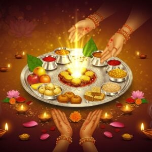 A luminous silver thali floating in ethereal space, adorned with traditional prasada items including fresh fruits, sweets, and sacred tulsi leaves arranged in a precise mandala pattern. The thali radiates a divine golden aura with subtle streams of light emerging from the offerings. A pair of ethereal Indian hands, adorned with traditional alta and gold bangles, are shown offering the thali upwards. Surrounding the central composition are delicate, translucent lotus petals and trailing wisps of sacred incense smoke forming intricate Madhubani-style patterns. The background features a soft gradient from deep burgundy to saffron, with floating golden yantra patterns and miniature mandalas. Multiple small oil lamps with gentle flames create a warm glow around the scene. The lighting is mystical and otherworldly, with emphasis on the golden divine light emanating from the prasada. The composition should blend traditional Pattachitra art style with modern digital artwork techniques, featuring rich textures and a ethereal, dreamy quality. Include subtle details of kumkum, rice grains, and flower petals scattered around the thali in a decorative pattern.