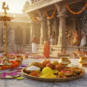 A majestic Indian temple courtyard at golden hour, featuring a grand stone mandapa with intricate Dravidian architecture and carved pillars. In the foreground, a beautifully arranged traditional brass thali containing prasada items - fresh fruits, sweet ladoos, vibrant yellow rice, and fresh flowers. The thali rests on an ornate marble platform decorated with rangoli patterns. Soft ethereal light streams through the mandapa, creating a mystical atmosphere. Behind the thali, traditional oil lamps cast a warm golden glow, their flames reflecting off polished brass vessels. Wisps of fragrant incense smoke curl upward, catching the light. The scene is framed by blooming lotus flowers and marigold garlands. In the background, devotees in traditional Indian attire perform rituals. The art style combines hyperrealistic details with dreamy, spiritual elements, using a rich color palette of deep maroons, saffron, gold, and peacock blue. The lighting should be soft and divine, with subtle lens flares and golden particles floating in the air.