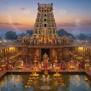 A majestic aerial view of Prasanna Venkatachalapathy Temple during twilight, illuminated by thousands of traditional oil lamps and modern decorative lights. The main gopuram is adorned with intricate Dravidian architecture details in gold and deep maroon. Lord Venkatachalapathy stands tall in the center, four-armed, holding Sankha and Chakra, with Sridevi and Bhudevi on either side, rendered in traditional South Indian temple art style. The foreground shows devotees performing pradakshina around the temple, wearing traditional silk vastrams in vibrant colors. Floating lotus flowers and diyas in the temple tank reflect golden light. Traditional kolam patterns with peacock motifs decorate the pathways. Temple elephants decorated with ornate accessories stand majestically near the entrance. The sky features a divine glow with subtle mandala patterns, and rays of light emerging from behind the gopuram. The scene is enhanced with soft mist and incense smoke creating an ethereal atmosphere. The art style combines hyperrealistic architectural details with mystical Indian traditional art elements.