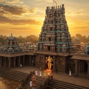 A majestic aerial view of Prasanna Venkatachalapathy Temple complex at sunset, with its ornate Dravidian-style gopuram rising against a golden-orange sky with soft clouds. The temple's reflection shimmers in the Cauvery River flowing beside it. The main sanctum features Lord Venkatachalapathy in his characteristic standing pose with four arms - upper right hand holding the Sudarshana Chakra, upper left hand holding the Panchajanya conch, lower right hand in Abhaya mudra, and lower left hand resting on his hip. The deity is adorned with traditional temple jewelry including a magnificent crown, necklaces, and armlets in intricate detail. The temple architecture showcases detailed stone carvings in Madhubani style, with peacocks, lotus motifs, and geometric patterns. Soft divine light emanates from behind the temple structure. The foreground features devotees in traditional attire walking through majestic pillared corridors. Art style combines hyperrealistic architectural details with ethereal lighting and surreal elements, rendered in rich colors of deep maroon, gold, and peacock blue with glowing highlights.