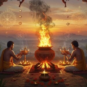 A mystical ancient Indian ritual scene in a traditional Vedic setting, featuring a sacred fire altar (vedi) with the Mahavira pot glowing with ethereal golden light. Three Vedic priests in pristine white dhotis perform the ritual, their hands positioned in precise mudras. The central Mahavira vessel, made of clay, radiates intense divine energy with swirling saffron and golden flames rising towards the sky. Surrounding the scene are intricately detailed Madhubani-style patterns featuring sacred geometrical designs, milk streams, and cosmic symbols. The background shows a sunrise with soft pastel orange and pink hues, while floating mandalas and yantra patterns hover in the air. Ghee streams pour from ornate copper vessels, creating luminous streams of light. The scene includes symbolic elements like the cosmic milk ocean, the celestial sun, and sacrificial grass arranged in precise patterns. The lighting is dramatic with golden hour warmth, creating long shadows and highlighting the smoke patterns from the sacred fire. The art style combines hyperrealistic textures with traditional Indian art elements, featuring rich colors of deep maroon, saffron, and burnished gold, all rendered in a modern digital aesthetic with atmospheric depth and volumetric lighting.