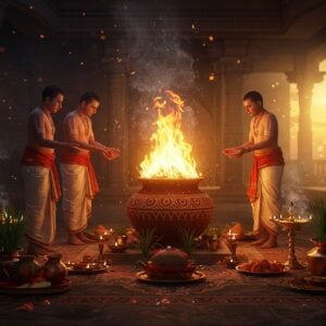 A grand Vedic ritual scene depicting a sacred Pravargya ceremony at sunrise, featuring three traditionally-dressed priests (wearing white dhoti and angavastram) performing the ritual around an elaborately designed Pravargya vessel (Mahavira pot) made of clay. The Mahavira pot glows with intense golden light, with ethereal flames rising in saffron and blue hues. The scene includes intricate Madhubani-style border patterns with vedic symbols. In the foreground, carefully arranged ritual items - copper vessels filled with milk, ghee lamps, and sacred grass. The background shows a temple architecture with ornate pillars in warm golden light. Swirling sacred smoke creates mystical patterns in the air, illuminated by morning sun rays. Small flying sparks and tiny glowing particles float around the main ritual area. The color palette includes deep maroons, burnished golds, and peaceful blues. The lighting is dramatic with the morning sun creating a divine atmosphere. The art style merges traditional Indian Pattachitra techniques with modern digital art aesthetics, maintaining photorealistic textures while incorporating surreal spiritual elements. Ultra detailed, cinematic lighting, volumetric god rays, 8k resolution.