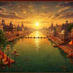 A panoramic aerial view of Prayagraj's Triveni Sangam at golden sunset, showing the sacred confluence of three rivers - the emerald Ganga, azure Yamuna, and mythical Saraswati depicted as a golden ethereal stream. In the foreground, a group of devotees in traditional Indian attire performing aarti with brass lamps, their reflection shimmering in the water. The iconic Akshayavat tree stands majestically on one side, its ancient branches adorned with red sacred threads. The background features the grand Allahabad Fort with intricate Mughal architecture, bathed in warm orange light. Multiple ornate temples with detailed spires rise against the sky, while sadhus in saffron robes meditate on the ghats. Floating diyas and marigold flowers dot the water surface, creating patterns of light. The scene is rendered in a fusion of Pattachitra and modern digital art style, with rich colors of deep maroon, saffron, and peacock blue. Ethereal mandala patterns in gold float in the sky, while subtle lotus motifs frame the composition. The lighting is mystical with god rays piercing through clouds, creating a divine atmosphere.