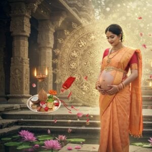 A serene and ethereal scene of a pregnant Indian woman in her third trimester, wearing a flowing silk peach-colored saree with golden border, standing in a temple courtyard at dawn. She's adorned with traditional gold jewelry and a red bindi. Her hands rest gently on her belly, which is decorated with alta designs of sacred symbols. Behind her, a large ornate mandala glows in soft golden light, featuring intricate Madhubani-style patterns of the Ashtamangala symbols. Floating around her are multiple elements: a silver puja thali with coconut and flowers, sacred thread, and lit diyas. The background features carved stone pillars with ancient Sanskrit symbols, while lotus flowers float in a nearby sacred pond. Soft rays of morning light create a divine atmosphere, with subtle sparkles and floating flower petals. The woman's expression is peaceful and radiant, capturing the divine essence of motherhood. The scene combines traditional Pattachitra art style with modern digital aesthetics, using a color palette of soft gold, peacock blue, and gentle pink hues. Small details show faint outlines of deities blessing the mother-to-be.