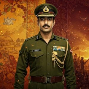 A cinematic scene depicting a handsome Indian army officer in an immaculate 1970s military uniform against a dramatic backdrop split between a peaceful Indian village and a tense wartime setting. The officer stands in a heroic pose, his face showing both determination and compassion. The scene is rendered in rich, deep colors - army green, saffron, and deep maroon. The background features intricate Madhubani-style patterns, with one half showing blooming lotus flowers and peaceful doves, while the other half shows stylized flames and war motifs. Golden light streams through the composition, creating a nostalgic, vintage Bollywood aesthetic. The scene includes subtle patriotic elements like a flowing tricolor flag in the distance. The art style merges traditional Indian art with modern digital techniques, creating a dramatic, poster-like quality with high contrast lighting and cinematic depth. Ethereal light particles float through the scene, adding a mystical quality reminiscent of classic Bollywood romance.