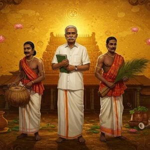 A majestic digital collage depicting three distinguished Indian figures in traditional Kerala attire against a luminous golden backdrop adorned with intricate Madhubani patterns. The central figure stands tall wearing a pristine white mundu and shirt, holding books and reform documents, symbolizing education and social change. On either side, two figures engage in traditional Ezhava occupations - one crafting coir with skilled hands, another tending to coconut trees, representing their historical connection to agriculture and trade. The scene is enhanced with Kerala architectural elements like temple gopurams and tiled roofs in the background. Floating lotus flowers and spiritual symbols create a dreamy atmosphere, while rays of warm light illuminate the scene from behind. The color palette features deep maroons, forest greens, and rich golds typical of Kerala art. The figures' faces show determination and dignity, with intricate details in their expressions and traditional jewelry. Swirling patterns of ayurvedic herbs and leaves frame the composition, highlighting the community's connection to traditional medicine. Art style combines hyperrealistic digital painting with traditional Pattachitra elements, creating a harmonious blend of classical and contemporary aesthetics.