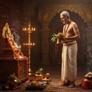 A dignified Indian temple priest in pristine white dhoti and angavastram draped traditionally, performing sacred rituals before an ornate golden altar. His torso is adorned with sacred threads (yagnopaveetam) and vibhuti marks on forehead, arms, and chest. The setting features intricate Madhubani-style mandala patterns on temple walls in deep maroon and saffron. Glowing brass diyas illuminate the scene with warm golden light, creating dramatic shadows. In the background, carved stone pillars feature detailed traditional Hindu motifs. The priest holds a copper kalash with mango leaves and coconut in one hand and a bell in another. Smoke from sacred camphor and incense creates an ethereal atmosphere. The composition includes detailed elements like rudraksha malas, copper vessels, fresh flower garlands, and banana leaves arranged for puja. Soft focus on geometric rangoli patterns on the floor. Art style combines hyperrealistic digital rendering with traditional Indian art elements, emphasizing rich textures and ambient lighting. The overall mood is serene and spiritually profound.