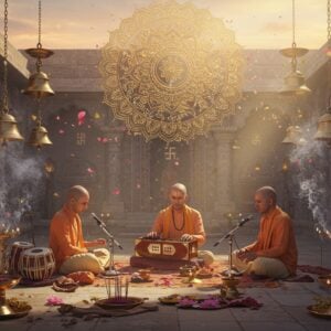 A serene Indian temple courtyard at dawn, where a group of three devout pujaris in traditional saffron and cream dhoti-kurta perform bhajans. The central pujari plays a golden harmonium while others accompany with silver ghungroos and brass cymbals. A beautifully detailed mandala pattern in gold and peacock blue floats above them, emanating soft light rays. Sacred instruments like veena, tabla, and mridangam arranged in a circular pattern around them. Intricate Madhubani-style patterns decorate the temple walls, featuring peacocks and lotus motifs. Smoke from copper incense holders creates ethereal swirls in the air, catching the morning light. Multiple brass bells of varying sizes hang from ornate chains, their surfaces reflecting warm golden light. The scene is bathed in a mystical morning glow with soft pastel orange and pink hues in the sky. Hindu spiritual symbols like Om and swastika are subtly incorporated in the temple architecture. The atmosphere captures divine energy with floating flower petals and subtle light particles. Photorealistic digital art style with surreal lighting effects, emphasizing the spiritual ambiance.