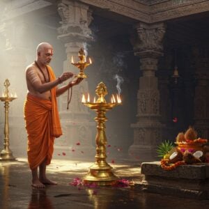 A serene Indian temple priest in traditional dhoti and angavastram, standing in front of an ornate sanctum sanctorum with intricate Dravidian architecture. He performs aarti with a golden lamp containing five flames, the smoke creating mystical patterns in the air. His hands are positioned in sacred mudras, adorned with rudraksha beads. The temple interior features detailed stone carvings, with soft morning sunlight streaming through ancient pillars, creating dramatic light rays. Brass temple bells and coconuts with marigold garlands are visible in the background. The priest's face radiates devotion and peace, with vibhuti and tilak marks clearly visible. The scene is illuminated by multiple oil lamps creating a warm, golden glow, reflecting off polished stone floors. The atmosphere is enhanced by floating lotus petals and subtle wisps of sandalwood incense. Art style combines traditional Pattachitra patterns in the architectural details with modern digital art techniques, emphasizing photorealistic textures and ethereal lighting effects.