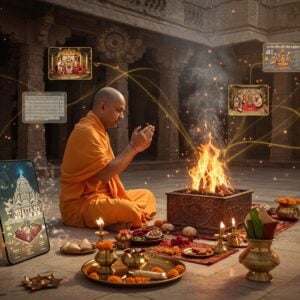 A serene Indian temple courtyard setting with a distinguished Pandit in traditional saffron dhoti and angavastram performing an elaborate puja ritual in front of a digitally glowing havan kund. The Pandit's hands are gracefully positioned in mudras, with sacred threads on his wrist. A modern smartphone floating nearby emits golden light rays that form into miniature temples and ritual items. The scene is adorned with intricate Madhubani-style patterns in the background, featuring detailed mandalas and lotus motifs in deep maroon and peacock blue. Traditional brass lamps with glowing flames line the foreground, while holographic calendars and booking interfaces manifest as translucent overlays in warm golden hues. The lighting is ethereal, with soft highlights on the brass puja items and smoke from the sacred fire creating mystical patterns. Multiple small vignettes in the background show various ceremonial scenarios - wedding rituals, grih pravesh, and baby naming ceremonies - all connected by flowing lines of digital energy in saffron and gold. The art style combines hyperrealistic details with magical realism, featuring both traditional elements and modern tech aesthetics seamlessly blended together. The atmosphere suggests both authenticity and contemporary convenience.