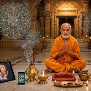 A serene Indian priest in traditional saffron dhoti and angavastram sits cross-legged on an ornate marble temple floor, illuminated by soft golden light. In front of him, traditional brass puja items are arranged alongside modern devices - a sleek tablet displaying Sanskrit texts, a smartphone showing temple scheduling app, and smart LED diyas. The background features an intricately carved temple sanctum with a large digital screen showing live darshan. Floating mandalas made of circuit board patterns and traditional yantra designs merge seamlessly in the air. The scene is rendered in a fusion of Madhubani art style with modern digital aesthetics, featuring rich colors like deep maroon, saffron, and peacock blue. Sacred threads and smoke from incense sticks create ethereal patterns that intertwine with holographic projections of deities. The priest's expression is peaceful and focused, bridging ancient wisdom with modern innovation. The lighting combines warm temple lamps with cool LED highlights, creating a harmonious blend of traditional and contemporary elements.