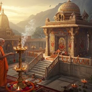 A majestic aerial view of Vindhyavasini Temple at dawn, with golden sunrays illuminating its traditional North Indian architecture, surrounded by misty Vindhya mountains. In the foreground, a dignified elderly Hindu priest in saffron dhoti and angavastram performs an elaborate aarti ceremony with a large ornate brass lamp with multiple wicks. The priest's face shows deep devotion, highlighted by sacred tilak and rudraksha mala. Behind him, intricate marble steps lead to the main sanctum, adorned with detailed Madhubani-style artwork depicting the nine forms of Goddess Durga. Floating diyas and marigold flowers create a pathway on either side. The scene features soft glowing lights from oil lamps, with smoke from sacred fire creating ethereal patterns. Traditional brass bells and detailed stone carvings are visible in the background. The color palette includes deep maroons, saffron, gold, and peacock blue, with a subtle spiritual aura emanating from the temple spire. Hyperrealistic digital art style with elements of traditional Indian art forms.