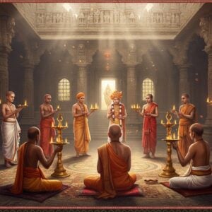 A majestic Indian temple courtyard scene with nine distinct priests in traditional attire representing different regions of India, arranged in a semi-circle formation. Each priest's attire reflects their regional identity - a dhoti-clad Tamil priest with sacred ash markings, a Kashmiri Pandit in white kurta and characteristic headgear, a Gujarat priest in saffron dhoti with peacock feather decorations, a Bengali priest in traditional white-gold dhoti and red border, and others. They are performing aarti with golden lamps in perfect synchronization. The background features a grand temple architecture that smoothly transitions from South Indian Dravidian style to North Indian Nagara style, with intricate carved pillars and mandala patterns. Soft morning sunlight filters through ornate temple windows, creating divine light rays. The scene incorporates Madhubani-style decorative elements in the borders, with floating lotus flowers, peacocks, and traditional geometric patterns. The color palette includes deep maroons, saffron, gold, and peacock blue, with ethereal glowing effects around the priests. Hyperrealistic digital art style with magical realism elements, emphasizing the unity in diversity of Indian spiritual traditions.